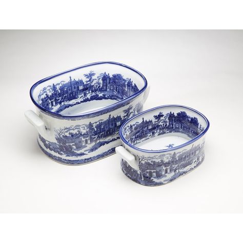 AA Importing Italian Scene 2 Piece Footbath Set & Reviews | Wayfair Round Spa, Blue And White Kitchen, Blue And White Dishes, Tub Cover, Hot Tub Cover, Chinoiserie Decorating, Kitchen Necessities, Blue White Decor, Blue Transferware