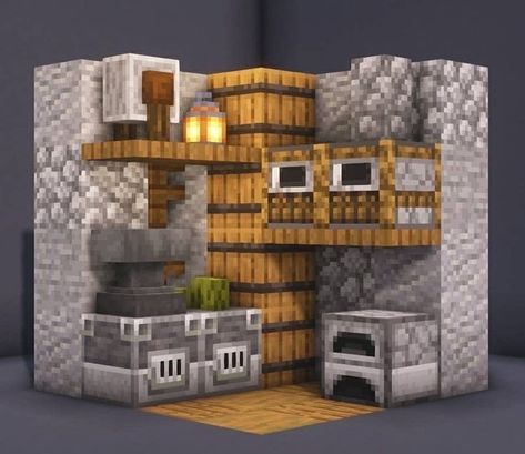 Minecraft Anvil Room Ideas, Anvil Room Minecraft, Minecraft Smithing Room Ideas, Minecraft Compact Room, Minecraft Furnace Room Ideas, Minecraft Smithing Area, Minecraft Anvil Room, Minecraft Small Town Ideas, Minecraft Blacksmith Ideas Interior