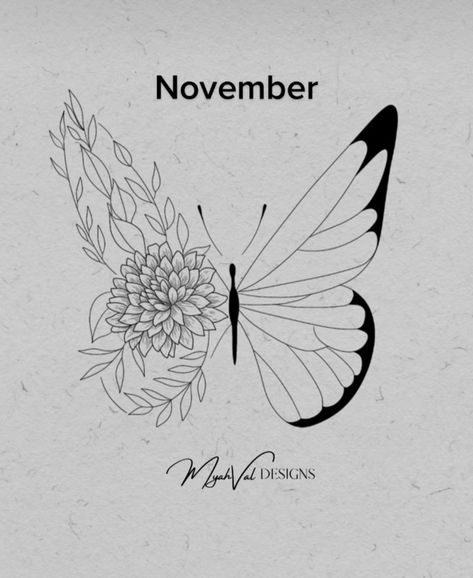 November Flower Tattoo With Butterfly, Butterfly With Chrysanthemum Tattoo, Half Butterfly Half Chrysanthemum Tattoo, Chrysanthemum Tattoo With Butterfly, Birth Year Butterfly Tattoo, Crysanthemum Tattoo Butterfly, Birth Month Flower Tattoos November, November Butterfly Tattoo, October Butterfly Tattoo