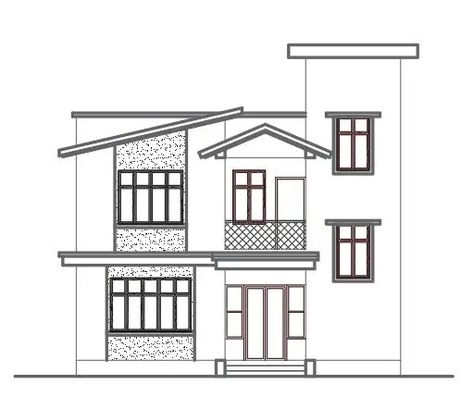 Modern house elevation 2d cad drawing details. A front elevation with detail of long glass windows and front balcony design looks amazing. Download the free AutoCAD drawing file. House Elevation Sketch, Elevation Designs For House Drawing, Elevation Design Drawing, Front Elevation Drawing, Simple House Sketch, Modern House Drawing, Small House Drawing, Front Elevation Designs Modern, Simple Elevation