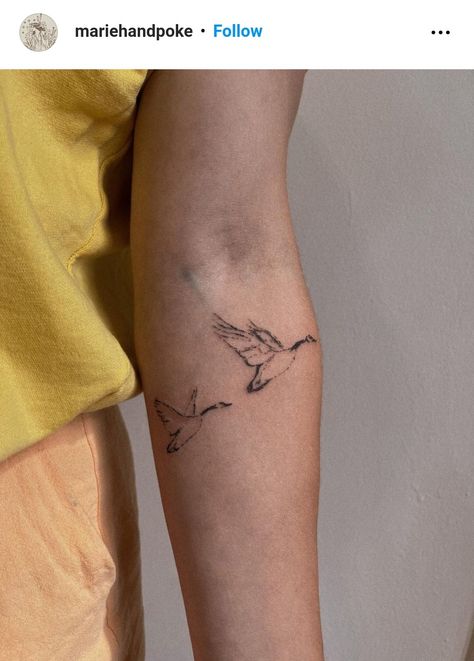 Nene Goose Tattoo, Birds Kissing Tattoo, Two Geese Tattoo, Wild Geese Poem Tattoo, Women Hunting Tattoos, Bird Tattoo Placement Ideas, Goose Fine Line Tattoo, Brianna Chickenfry Tattoo, Folk Music Tattoo