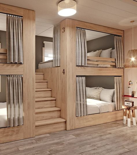 The Ultimate Bunk Bed Room Designs - Design Dossier Four Person Bunk Bed, Bunk Bed Nook Built Ins, 4 Bed Bunk Bed Built Ins, Creative Bunk Bed Designs, Grandkids Bunk Room, Bunk Bed Hotel Room, Bunk Beds Airbnb, Bunk Room Bedding, Sophisticated Bunk Beds