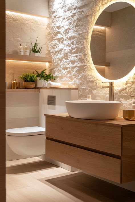 Transform your space with these modern bathroom ideas! Discover the elegance of natural textures and minimalist decor. Perfect for a spa-like feel at home. Visit the article 10 Premium Bathroom Upgrades for a Spa-Like Experience. #ModernBathroom #HomeDecor #SpaUpgrade New Bathroom Ideas 2024, Bathroom Ideas Lighting, Spa Bathroom Accessories, Spa Bathroom At Home, Spa Apartment Bathroom, Spa Bathroom Lighting, Modern Bathroom Flooring Ideas, Cute Restroom Ideas, Quick Bathroom Makeover