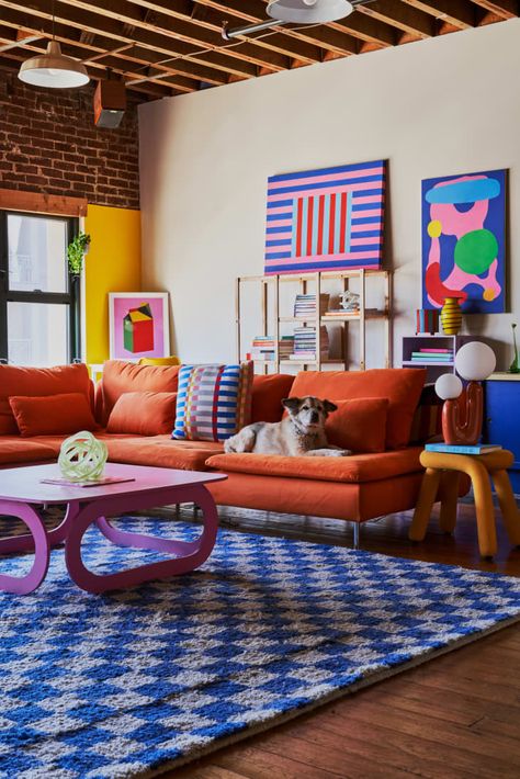 Korean Bedroom, Orange Couch, Living Room Murals, Memphis Design, Colourful Living Room, Loft Apartment, Eclectic Interior, Maximalism, Interior Inspo