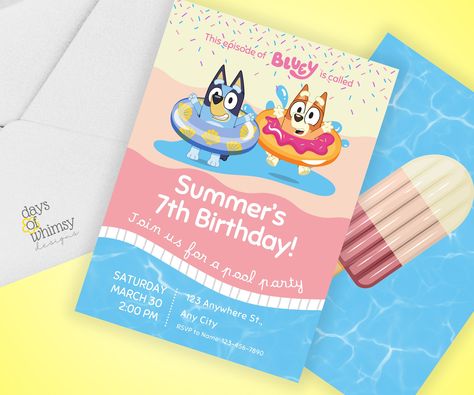 Bluey Summer Party, Pool Party Kids Birthday, Pool Party Invite, Swimming Pool Party, Pool Party Kids, Pool Party Birthday Invitations, Party Swimming Pool, Pool Party Ideas, Pool Party Invitations