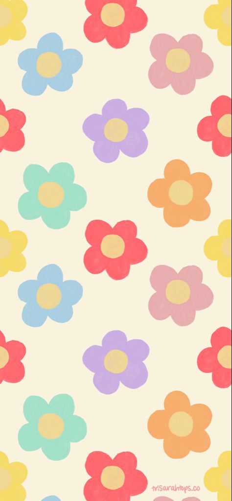 Red flowers, purple flowers, pink flowers, orange flowers, yellow flowers, green flowers, repeating flower pattern, digital wallpaper Retro Daisy Wallpaper Iphone, Cute Cartoon Flower Wallpaper, Preppy Flower Drawing, Aesthetic Daisy Drawing, Cartoon Flower Pattern, Cute Flower Drawing Simple, Flower Background Cartoon, Flower Cute Illustration, Spring Flower Drawing Easy