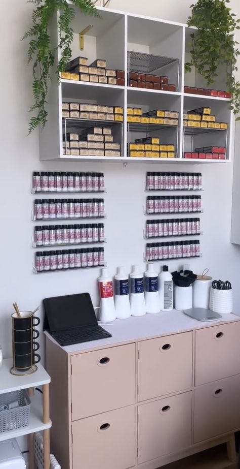 Hair Stylist Color Storage, Salon Color Backbar Ideas, Garden Room Hair Salon Ideas, Salon Bleach Container, Cosmetologist Room Ideas, Salon Studio Storage Ideas, Mini Hair Studio Ideas, Hair Salon Small Space, Salon Office Ideas