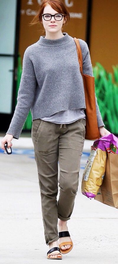 Emma Stone Baggy Clothing, Emma Stone Style, Woman With Glasses, Olive Pants, Black Glasses, Bone Shoes, Tan Sandals, Crop Sweater, Gray Sweater