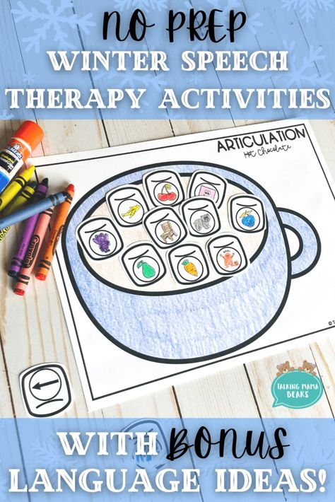 No Prep Winter Speech Therapy Activities (With Bonus Language Ideas!) - Talking Mama Bears January Language Activities, Articulation Crafts Speech Therapy, Early Intervention Speech Therapy Ideas, Winter Slp Activities, Kindergarten Speech Therapy Activities, Speech Therapy Christmas Crafts, Elementary Speech Therapy Activities, December Speech Therapy Activities, Valentine’s Day Speech Therapy