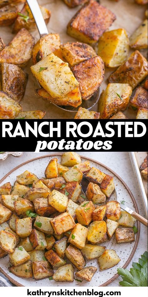 Ranch Roasted Potatoes (easy 3 ingredient recipe) Cheesy Ranch Potatoes In The Oven, Red Ranch Potatoes, Best Diced Potato Recipe, Crispy Ranch Potatoes, Roasted Potatoes With Ranch Seasoning, Cut Up Potatoes In Oven, Roasted Ranch Potatoes In Oven, Ranch Potatoes Crockpot, Crockpot Ranch Potatoes