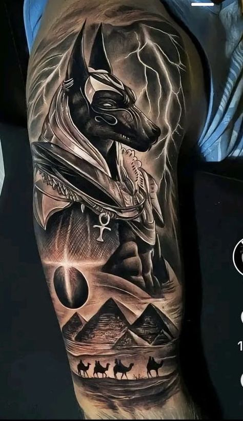 Anubis Half Sleeve Tattoo, Anubis Sleeve Tattoo, Mummy Tattoo Egyptian, Gods Of Egypt Tattoo Design, Egyptian Mythology Tattoo, Egyptian Sleeve Tattoo, Egyptian Leg Sleeve, Anubis Tattoo Design Ideas, Tattoo Anubis