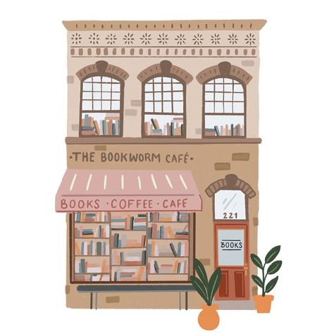 Book Cafe Illustration, Aesthetic Bookshelf Drawing, Illustration Of Books, Bookstack Drawing, Bookstore Poster Design, Library Aesthetic Drawing, Shop Illustration Store Fronts, Library Drawing Illustration, Book Shop Drawing