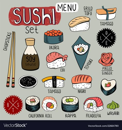 Sushi Drawing, Noodle Doodle, Doodle Illustrations, Japanese Food Illustration, Japanese Food Sushi, Sushi Menu, Peanut Butter Banana Smoothie, Yogurt Drink, Sushi Design