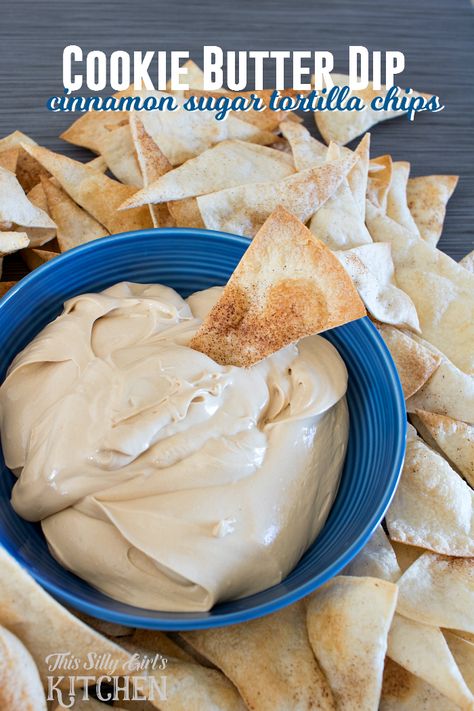 Cookie Butter Dip, luscious and creamy dip served with cinnamon sugar tortilla chips! from ThisSillyGirlsLife.com #gotortillaland #partyfood #ad Cookie Butter Dip, Candy Dips, Superbowl Sunday Snacks, Cinnamon Sugar Tortilla Chips, Cinnamon Sugar Tortilla, Cookie Dip, Cinnamon Sugar Tortillas, Dip For Tortilla Chips, Easy Super Bowl