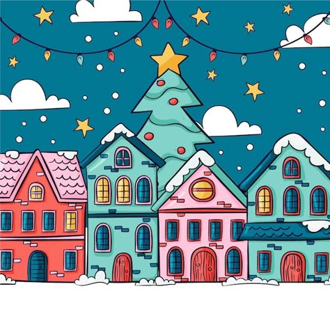 Christmas Town Drawing Easy, Christmas City Decorations, Christmas City Drawing, Christmas Village Doodle, Gingerbread Village Drawing, Christmas City Illustration, Christmas Village Drawing, Christmas Town Illustration, Christmas Village Illustration