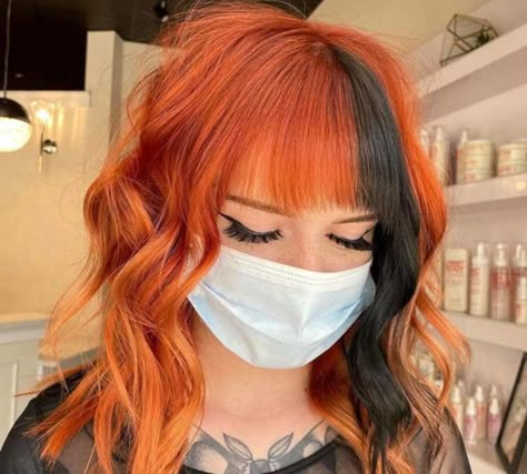 Spice up Your Summer Look With These Copper Hair Colors Rust Orange Hair Color, Copper Two Tone Hair, Half Brown Half Copper Hair Split, Gray And Orange Hair, Orange Hair With Black Streaks, Ginger Hair Combos, Half Black Half Copper Hair, Halloween Color Hair, Fall Split Dye Hair