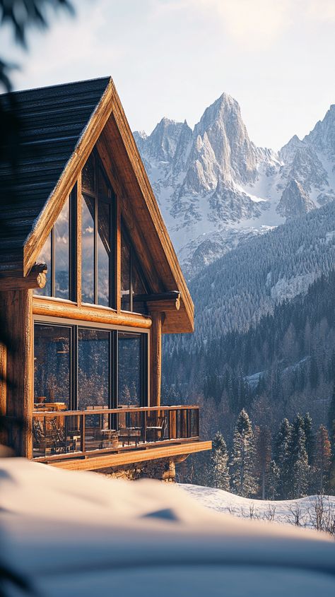 Rustic Cabin with Windows Facing Peaks Winter Chalet Aesthetic, Ski Cabin Exterior, Cabin With Windows, Snowy Cabin Aesthetic, Winter Cabin Interior, Chalet Aesthetic, Cabin In Mountains, Ski Lodge Aesthetic, Rustic Mountain Cabin