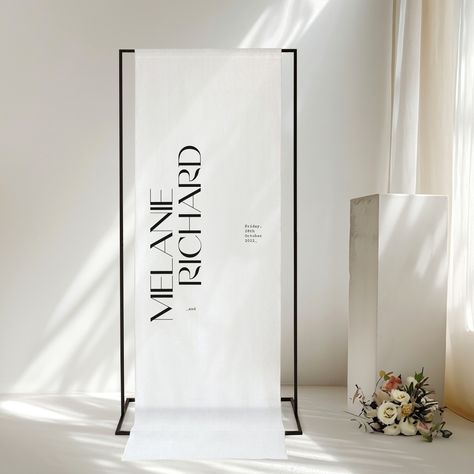 Greet your guests with a touch of charm and humour using our Linen Welcome Sign! Screen printed with the details of your special event, this sign is made from luxurious linen to add an elegant touch. A playful way to greet your guests and add personality to any event. These are a perfect way to transport signage overseas for destination events as they fold up nice and compact. Our fabric is premium 100% off white linen and comes standard with a subtle frayed look which gives extra characte... Linen Signage, Linen Welcome Sign, Event Welcome Sign, Expo Ideas, Instagram Brand, Mirror Decal, Event Signage, Floor Decal, Event Sign