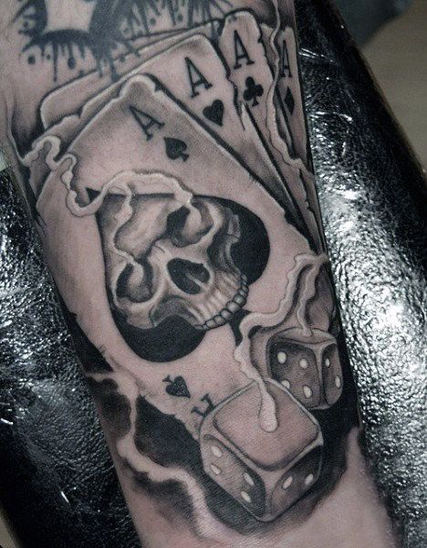 Mens Smoking Dice Tattoo With Playing Cards On Arm Eightball Tattoo, Dice Tattoos, Card Tattoos, Playing Card Tattoos, Cards Tattoo, Dice Tattoo, Muster Tattoos, Gambling Machines, Theme Tattoo