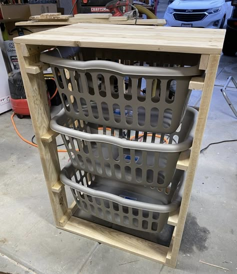 Laundry Basket Storage Diy, Laundry Basket Shelves, Basket Dresser, Laundry Basket Dresser, Laundry Basket Holder, Laundry Room Baskets, Diy Laundry Basket, Basket Stand, Bushel Baskets