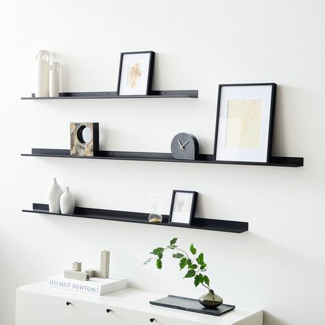 Floating Lines Metal Ledges | West Elm Black Metal Floating Shelves, Shelves Above Credenza, Black Wood Floating Shelves, Metal Shelf Design, Game Shelves, Floating Display Shelves, Youtube Room, Minimal Home Office, Modern Contemporary Office