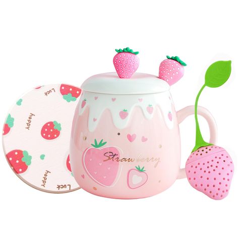 Cute Strawberry Mugs Pink Coffee Mug Ceramic kawaii Cup Morning Tea Milk Fruit Mug with Lovely Lid Stainless Steel Spoon Creative Novelty Birthday Valentine's Day Christmas for Lovers Girl 500ML (B) Office Couple, Fruit Mug, Strawberry Ceramic, Kawaii Mug, 3d Strawberry, Business Promotional Gifts, Milk Fruit, Kawaii Cups, Pink Coffee Mug