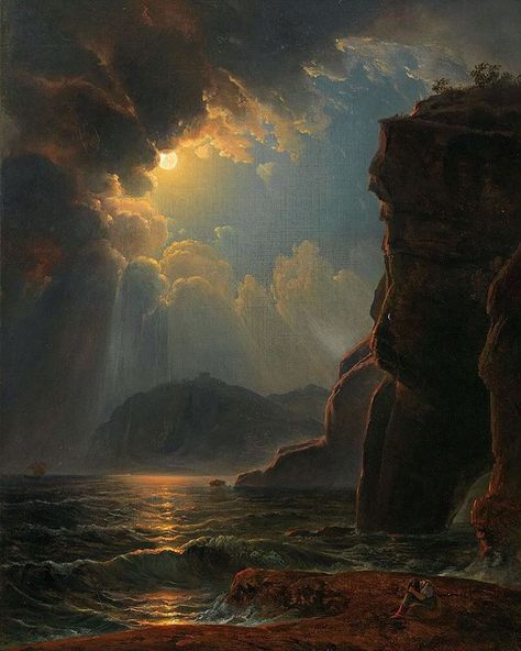 Istoria Artei, Rocky Coast, Moonlight Painting, Aesthetic Painting, Ethereal Art, Classical Art, Fantasy Landscape, Pretty Art, Classic Art