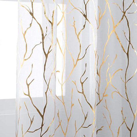 Branch Curtain Rods, Gold Tree Branches, Gray Sheer Curtains, Steampunk Bathroom, Center Table For Living Room, Golden Curtains, Brown Bath, Bathroom Decor Modern, Bathroom Window Curtains