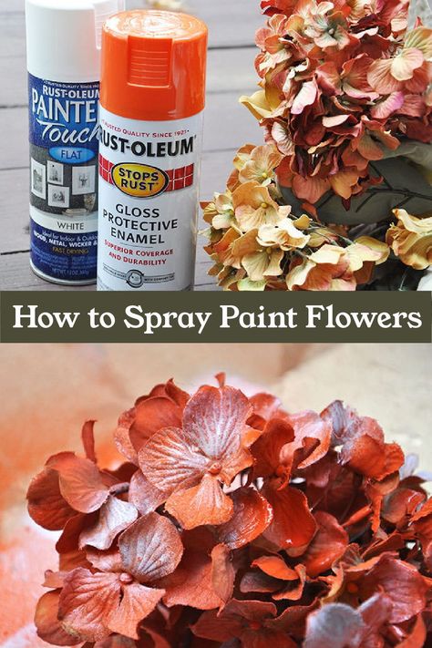 Spray Painted Fake Flowers, Spray Paint Artificial Flowers Diy, Spray Paint Faux Flowers, Spray Painting Fake Flowers, Painting Faux Flowers, How To Make Faux Flowers Look Real, How To Dye Artificial Flowers, Painted Faux Plants, Making Artificial Flower Arrangements