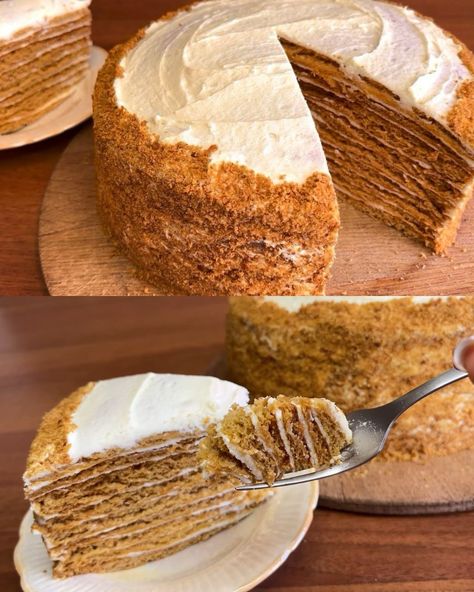 Gâteau au miel ukrainien classique (Medivnyk) - Recettes Greenku Honey Cream Cake, Ukrainian Honey Cake, Honey Layer Cake, Ukrainian Dessert, Native American Cake, Ukrainian Desserts, Russian Honey Cake, Hungarian Desserts, Condensed Milk Cake