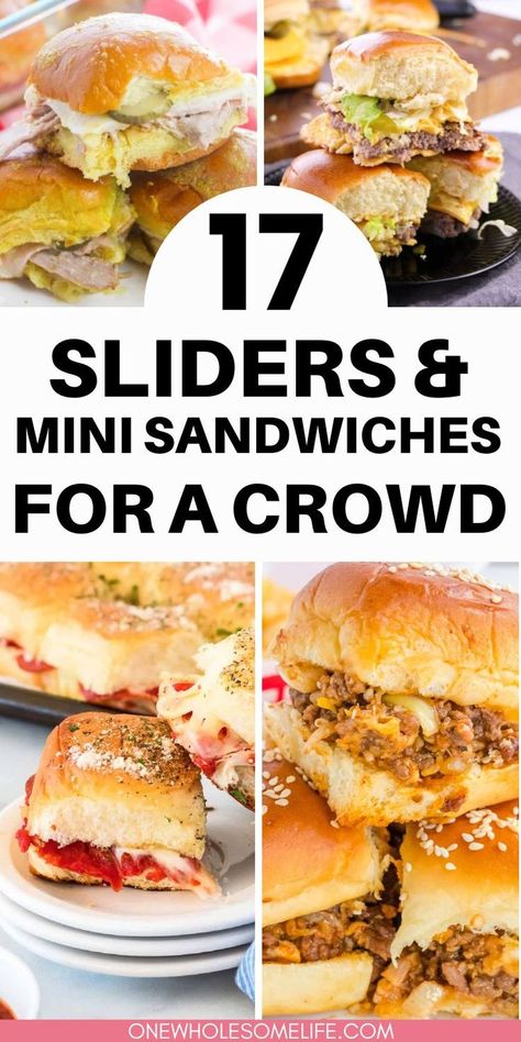 Collage of sliders and mini sandwiches. Ham Cheese Sliders Easy, Turkey Sandwich Sliders, Easy Burger Sliders, Recipes For Hamburger, Sliders For A Crowd, Easy Sliders, Sliders On Hawaiian Rolls, Hawaiian Roll Sandwiches, Burger Sliders Recipes