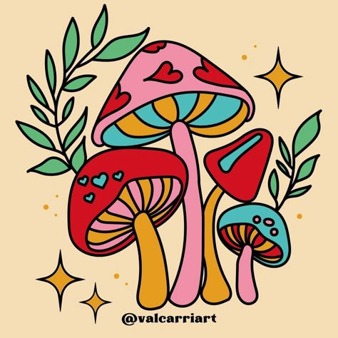 Boho Drawing Hippie Art Bohemian, Mushroom Drawing Simple Color, Pop Art Mushroom, Mushroom Marker Art, Mushroom Design Art, Groovy Mushroom Art, Colorful Mushroom Drawing, Painted Mushroom Pottery, Retro Mushroom Art