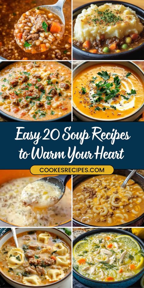 Get ready for soup season with this collection of 20 comforting recipes! Perfect for chilly nights or quick dinners, these soups are cozy and delicious. Popular Soups Comfort Foods, Flavorful Soup Recipes, Soup Recipes Light, Soups For Christmas Eve, Soups Crockpot Recipes, New Soup Recipes, Best Easy Soup Recipes, How To Make Soup, Soup Recipes For Colds