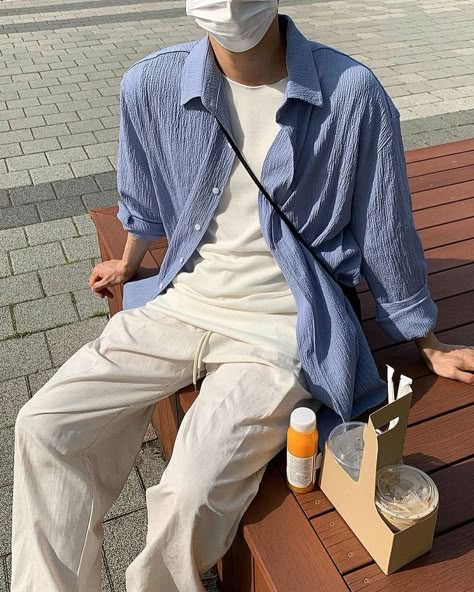 Soft Outfits Aesthetic Men, Men Pastel Outfit, Soft Boy Outfits Pastel, Aesthetic Guy Outfits Soft, Pastel Outfit Men, Preppy Boy Outfits, Pastel Blue Outfit, Blue Outfit Men, Trousers Outfit Men