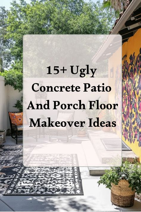 Transform your boring concrete patio or porch floor with our Ugly Concrete Patio and Porch Floor Makeover ideas! Say goodbye to the dull, uninspiring look and hello to a stylish, inviting outdoor space. Our makeover tips will help you add charm and character to your outdoor area without breaking the bank. From painting techniques to decorative overlays, we've got you covered! Get ready to impress your guests and enjoy spending time in a revitalized outdoor oasis. Ready to take on the challenge? Paint Porch Floor Concrete, Small Concrete Porch Ideas, Outdoor Concrete Floor Paint Ideas, Uncovered Concrete Patio Ideas, Decorating Concrete Patio, Patio Ideas With Steps From House, Painted Outdoor Patio, Creating A Patio On A Budget, Painted Porch Floor Concrete Ideas