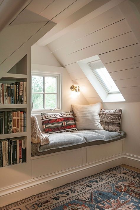 Slanted Ceiling Nook Ideas, Attic Bedroom Ideas Angled Ceilings Slanted Walls, Slanted Ceiling Interior Design, Slanted Attic Bedroom Ideas, Cottage Loft Ideas, Attic Room Ideas Slanted Walls, Slanted Ceiling Ideas, Colorful Craftsman, Slanted Ceiling Living Room