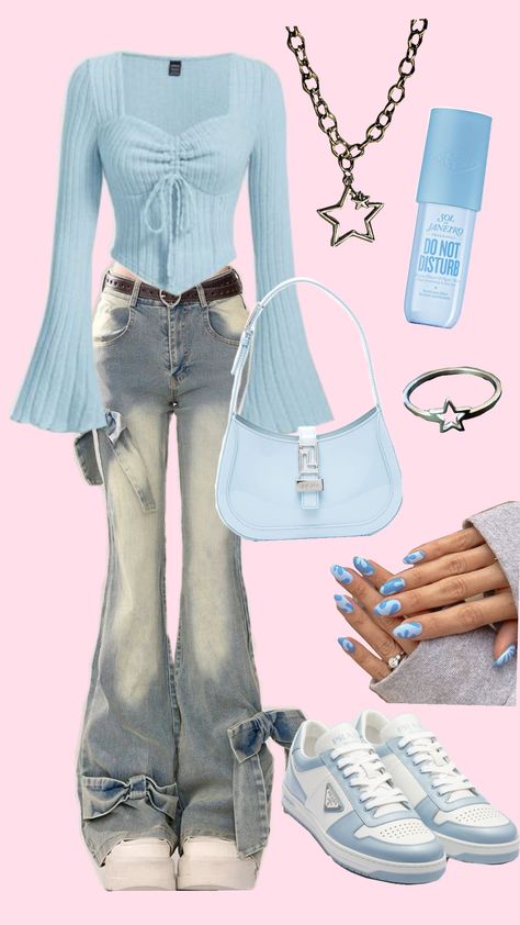 #ootd #outfit #outfitinspo #aesthetic #fyp #shufflefyp #viral #blue #trending #wishlist #selfcareaesthetic #pilatesprincess 2000s Fashion Blue, Blue 2000s Outfit, Y2k Blue Outfit, Light Blue Outfit Ideas, Blue Y2k Outfit, Your On Your Own Kid, Baby Blue Outfit, Nails Tattoo, 90s Theme Party