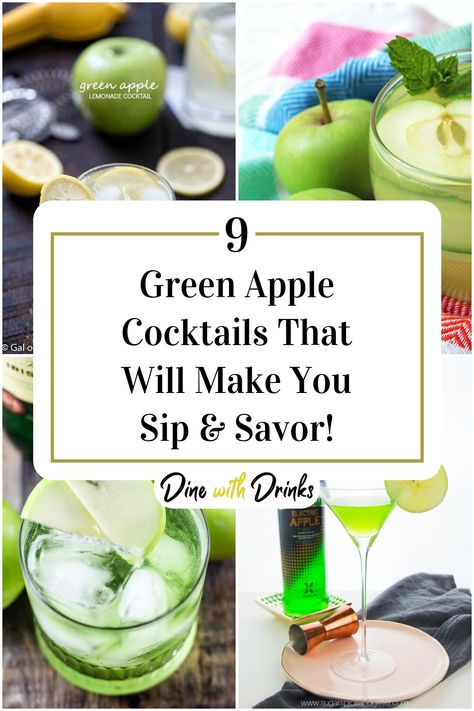 Collage of 4 green apple cocktails. Green Apple Mixed Drinks, Apple Cocktails Recipes, Drinks With Sour Apple Pucker, Green Apple Cocktail Recipes, Green Apple Vodka Drinks Recipes, Green Apple Schnapps Drinks, Green Apple Vodka Cocktails, Green Apple Pucker Drinks, Green Apple Alcohol Drinks