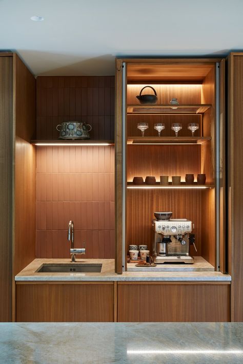 Islington | West & Reid Hotel Kitchenette, Corner Home Bar, Vip House, Hotel Minibar, Kitchenette Design, Home Bar Ideas, Kitchen Extractor, Home Bar Rooms, Kitchen Modular