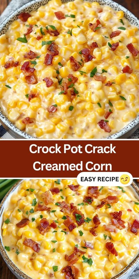 Try this easy Crock Pot Crack Creamed Corn recipe! Made with creamy cheddar cheese, ranch dressing mix, crispy bacon, and sweet corn, it’s the perfect side dish for any meal. Whether you’re hosting a holiday gathering or looking for a simple, flavorful addition to your dinner, this slow cooker recipe will quickly become a favorite. With minimal prep and a few hours in the crock pot, you’ll have a crowd-pleasing dish that’s great for potlucks, BBQs, or family dinners. Bacon Creamed Corn, Crockpot Recipes With Corn, Corn Side Dish Recipes Crock Pot, Crockpot Dish For Potluck, Crockpot Cream Corn With Cream Cheese, Cream Corn Crockpot Slow Cooker, Crock Pot Mexican Corn, Easy Crock Pot Vegetables, Corn Slow Cooker Recipes