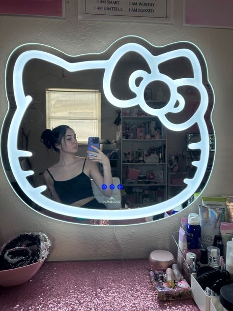 Hello Kitty Mirror Vanity, Hello Kitty Vanity Mirror, Cute Vanity Mirror, Hello Kitty Wall Decor, Hello Kitty Vanity, Vanity Hello Kitty, Vanity Mirror With Led Lights, Bedroom Led Lights, Neon Mirror