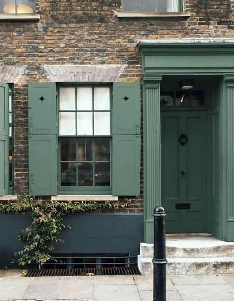 Farrow and Ball Green Smoke shutters door and surround all one color – best front door paint colors Garage Door Colours, Exterior Paint Colours, Farrow & Ball, House Paint Color Combination, Front Door Paint Colors, Green Windows, Door Paint, Popular Paint Colors, Trending Paint Colors