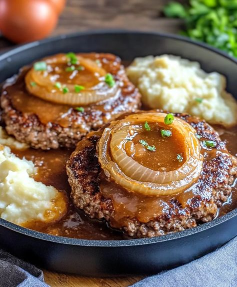 If you're looking for a hearty, comforting dish that's sure Hamburger Steaks With Onion Gravy, Beef Recipes Easy Dinners, Hamburger Gravy, Hamburger Steaks, How To Make Hamburgers, Hamburger Steak, Spend With Pennies, With Mashed Potatoes, Onion Gravy