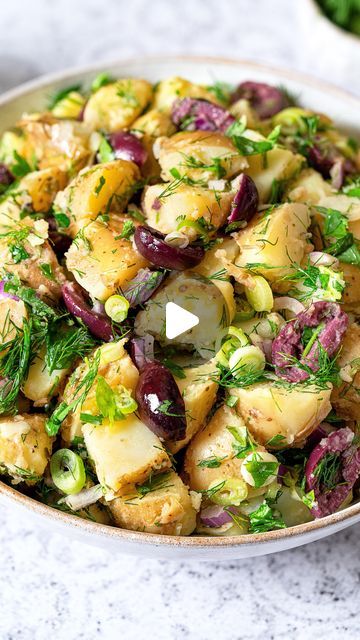 Suzy- Mediterranean Food & Diet on Instagram: "Greek-Style Potato Salad! Who else agrees that potato salad does not need mayo to be delicious? Use starchy, creamy potatoes and toss them, while still warm, with herbs, onions, olives, and a zippy Greek vinaigrette and taste the magic! Here are the ingredients for this recipe by Greek chef @marilenaleavitt: For The Potato Salad: - 3 pounds small yellow potatoes, scrubbed - 1 tablespoon salt - ½ cup chopped red onions or shallots [about 1 small red onion) - 3 green onions, trimmed and thinly sliced (white part and green part) - ½ cup chopped Italian parsley leaves 0½ cup chopped dill - ½ cup Kalamata olives, pitted and halved For The Vinaigrette: - ¼ cup red wine vinegar • 2 teaspoon Dijon mustard - 1½ teaspoons dried oregano - 2 garlic clov Suzy Mediterranean, Patato Salad, Greek Style Potatoes, Greek Vinaigrette, Creamy Potatoes, Parsley Leaves, Italian Parsley, Greek Potatoes, The Mediterranean Dish