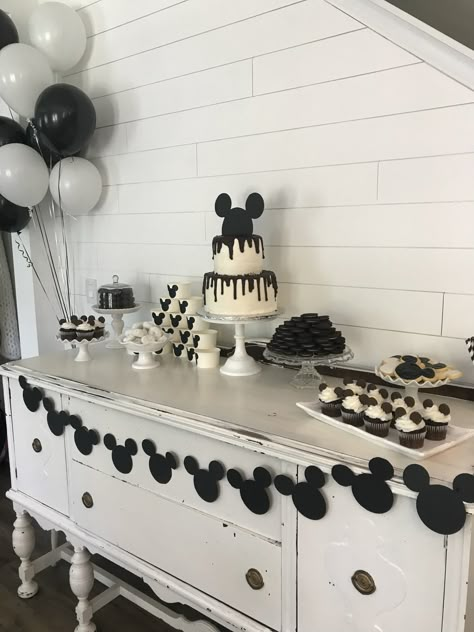 Oh Twodles Boy Birthday, Twodooles Birthday Boy, Disney Themed First Birthday Boy, Black And White Mickey Mouse Birthday, Disneyland Birthday Party Theme Boy, Muted Mickey Mouse Party, Modern Mickey Birthday Party, Steamboat Willie Birthday Party, Disneyland Theme Birthday Party For Boys