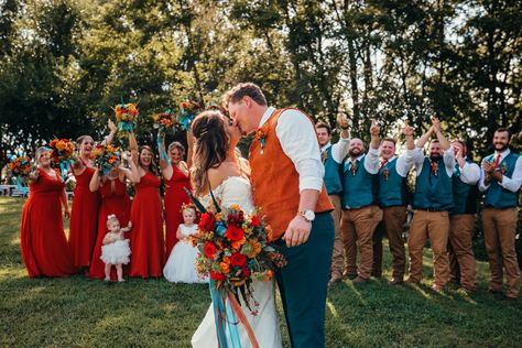 Teal and Orange Wedding Colors Burnt Orange And Teal Bridesmaid Dresses, Teal And Orange Wedding Bouquet, Teal Burnt Orange And Peach Wedding, Dark Teal And Rust Orange Wedding, Teal And Burnt Orange Wedding, Burnt Orange And Teal Wedding, Burnt Orange Wedding Colors, Teal Groomsmen, Orange And Teal Wedding