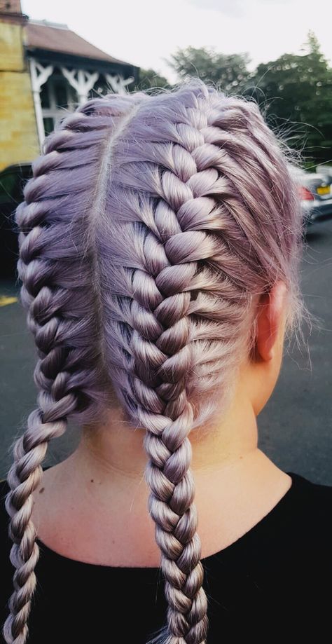 Metallic Purple Pastel hair in French plaits 💜 French Plait Hairstyles Short Hair, Two Plats Hairstyle, Hair Plates Hairstyles, Two Plates Hairstyles, French Plates Hairstyles, Plats Hair, Hair Plaits Ideas, Scalp Plaits, Hair Plats