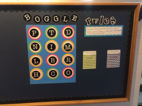 "Boggle" bulletin board. Laminated diecut letters, Velcro'd to the board for easy changing weekly! Wordle Bulletin Board, Stem Bulletin Board Ideas, Boggle Bulletin Board, Diy Classroom Ideas, Stem Classroom Decor, Stem Bulletin Boards, Toddler Bulletin Boards, Genius Hour Projects, Gifted Classroom