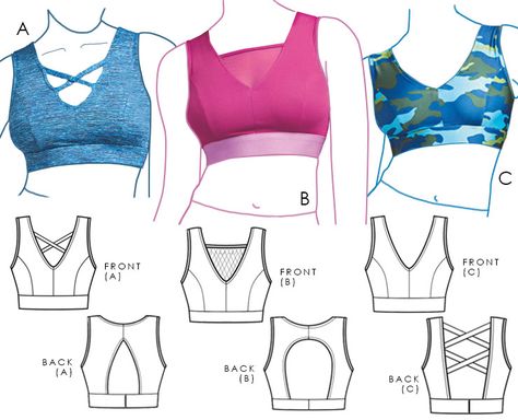 Sewing Pattern: Wireless sports bra designed with a deep V neckline and princess seams for a flattering fit. Customize your style with optional crossover details and mesh inserts. Choose from three back opening options, including cut-out and cross-over details. Create your own comfortable and stylish activewear with this versatile pattern. #SewingPatterns #DIYFashion #SportsBra #Activewear Sports Bra Pattern Free, Free Sports Bra Sewing Pattern, Plus Size Bra Sewing Pattern Free, Wireless Bra Pattern, Sports Bra Sewing Pattern, Bra Sewing Tutorial, Diy Bra Pattern, Bralette Sewing Pattern, Cloth Simulation