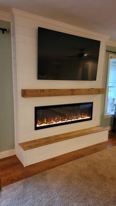 Home Design and Decor | Facebook Fireplace Halfway Up Wall, Electric Fireplace Ideas With 85 Inch Tv, Electric Fireplace Ideas With 70 Inch Tv, Built Ins With Electric Fireplace And Tv, Vaulted Ceiling Electric Fireplace Ideas, Fireplace Tv Wall With Hearth, Electric Fireplace With Hearth And Mantle, Small Fireplace Ideas With Tv, Built In Faux Fireplace